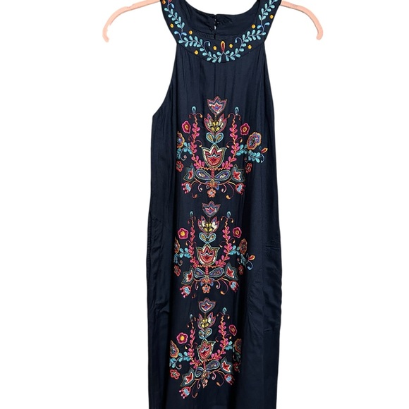 Lula Soul Navy Embroidered Boho Dress with Multicolor Floral Stitching - Picture 2 of 11